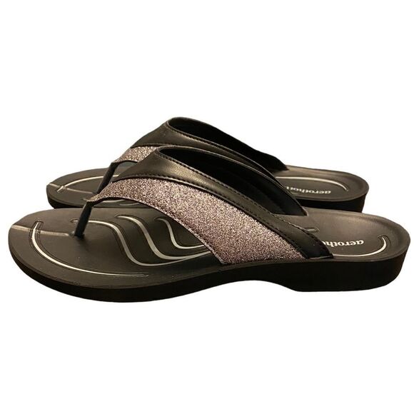 Aerothotic NWOT 38/8 Black Silver Glitter Trim Arch Support Orthotic Sandals - Picture 2 of 5